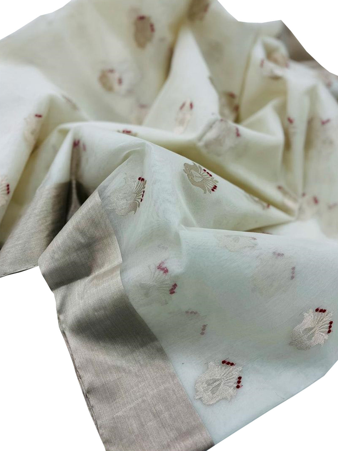 Off White Handloom Chanderi Pure Katan Organza Silk Saree - Luxurion World