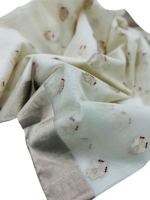 Off White Handloom Chanderi Pure Katan Organza Silk Saree - Luxurion World