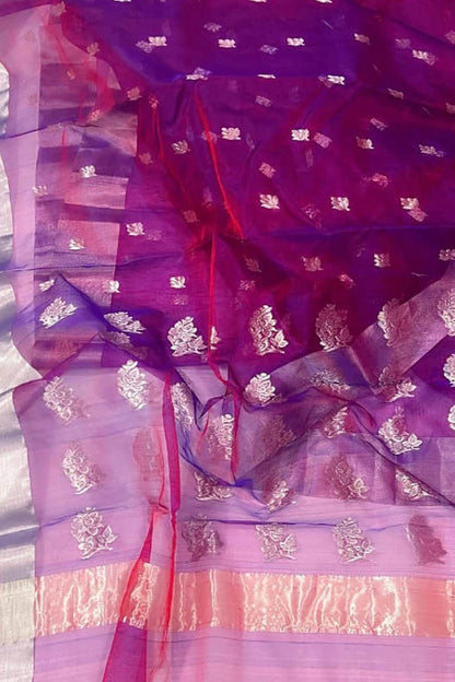 Purple Handloom Chanderi Pure Katan Organza Silk Saree - Luxurion World