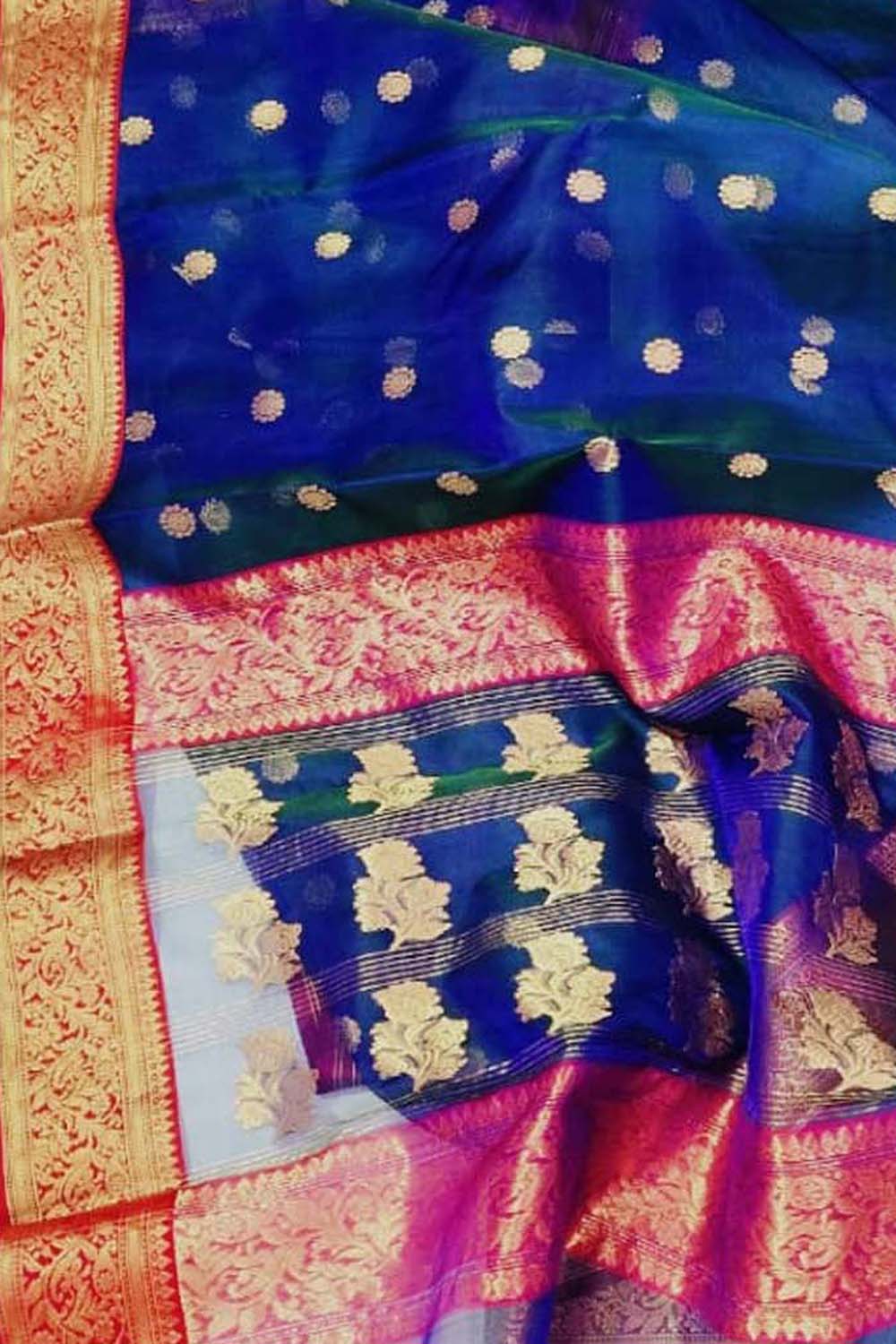 Blue Handloom Chanderi Pure Katan Organza Silk Saree - Luxurion World