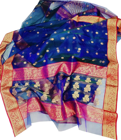 Blue Handloom Chanderi Pure Katan Organza Silk Saree - Luxurion World