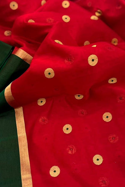 Red Handloom Chanderi Pure Silk Saree - Luxurion World