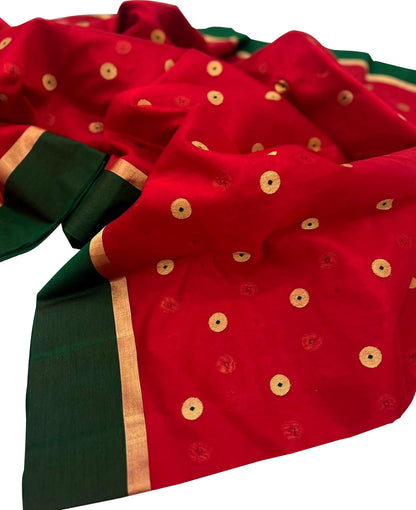 Red Handloom Chanderi Pure Silk Saree - Luxurion World