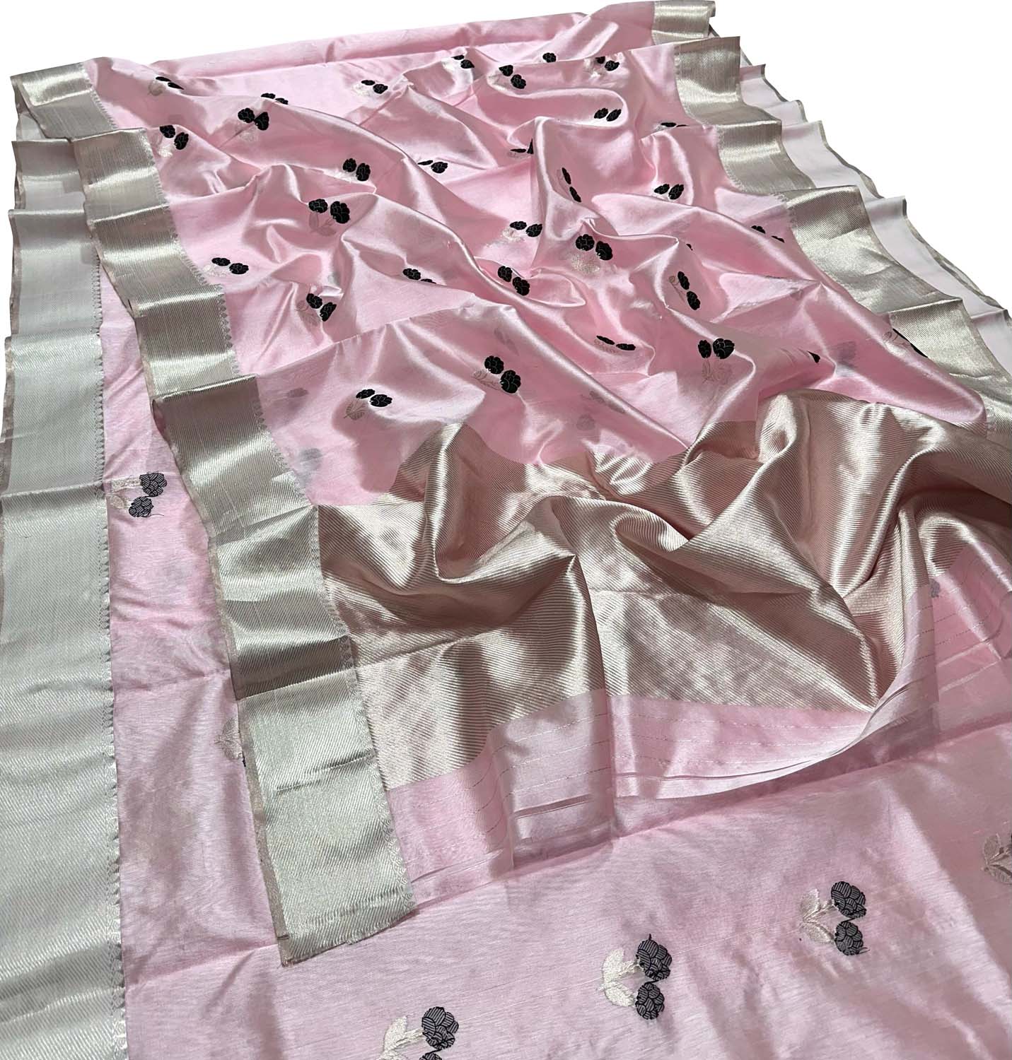 Pink Handloom Pure Pattu Silk Chanderi Flower Design Saree - Luxurion World