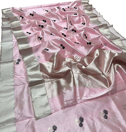 Pink Handloom Pure Pattu Silk Chanderi Flower Design Saree - Luxurion World