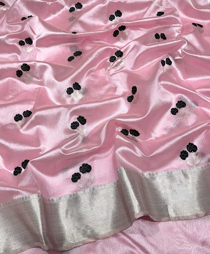 Pink Handloom Pure Pattu Silk Chanderi Flower Design Saree - Luxurion World