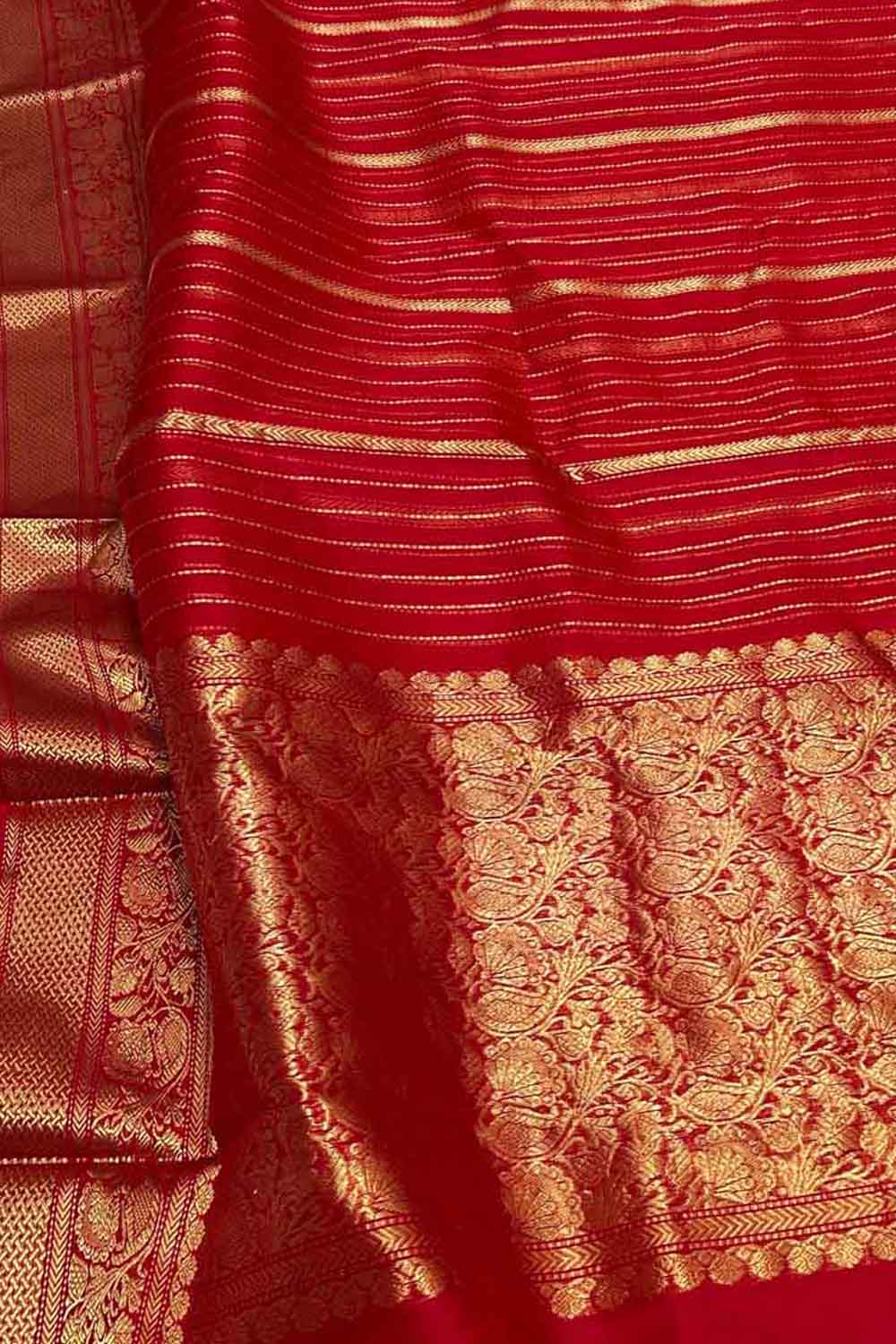 Red Handloom Pure Pattu Silk Chanderi Stripe Design Saree - Luxurion World
