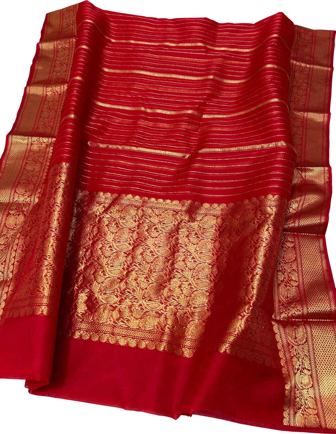 Red Handloom Pure Pattu Silk Chanderi Stripe Design Saree - Luxurion World