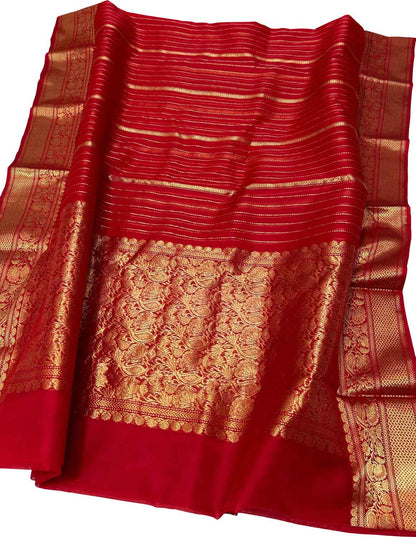 Red Handloom Pure Pattu Silk Chanderi Stripe Design Saree - Luxurion World