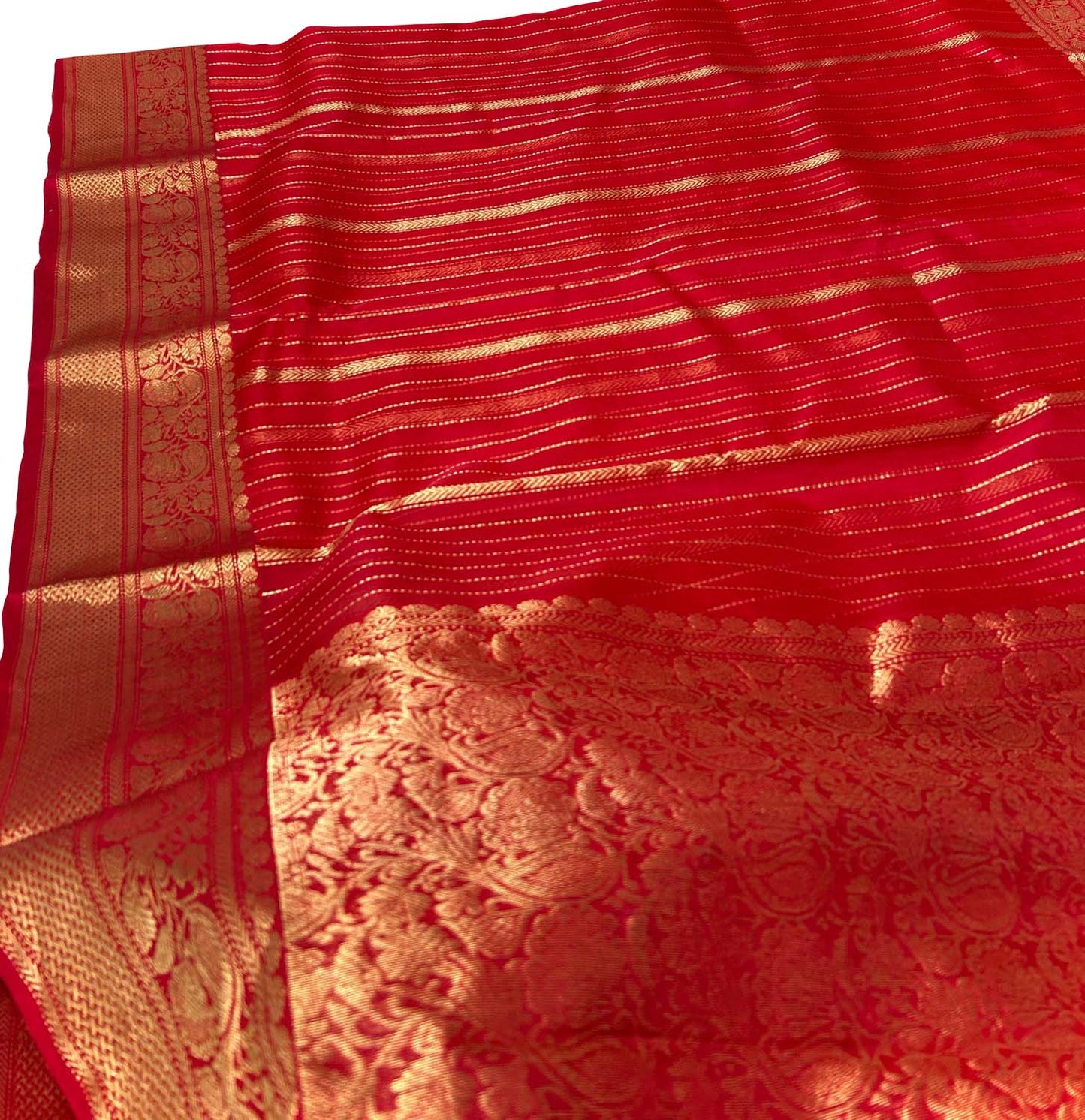 Red Handloom Pure Pattu Silk Chanderi Stripe Design Saree - Luxurion World