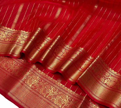 Red Handloom Pure Pattu Silk Chanderi Stripe Design Saree - Luxurion World