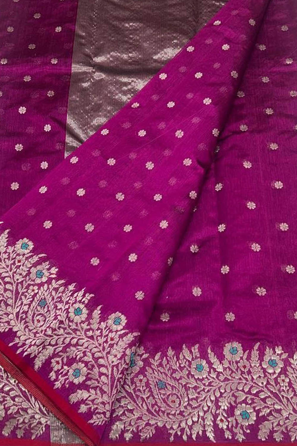 Purple Handloom Pure Pattu Silk Chanderi Small Booti Design Saree - Luxurion World