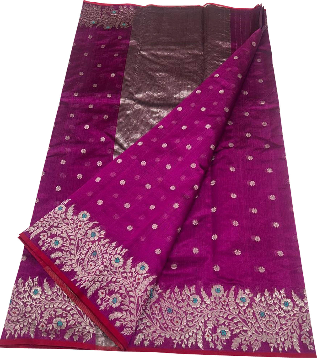 Purple Handloom Pure Pattu Silk Chanderi Small Booti Design Saree - Luxurion World