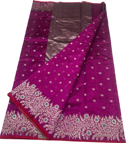 Purple Handloom Pure Pattu Silk Chanderi Small Booti Design Saree - Luxurion World