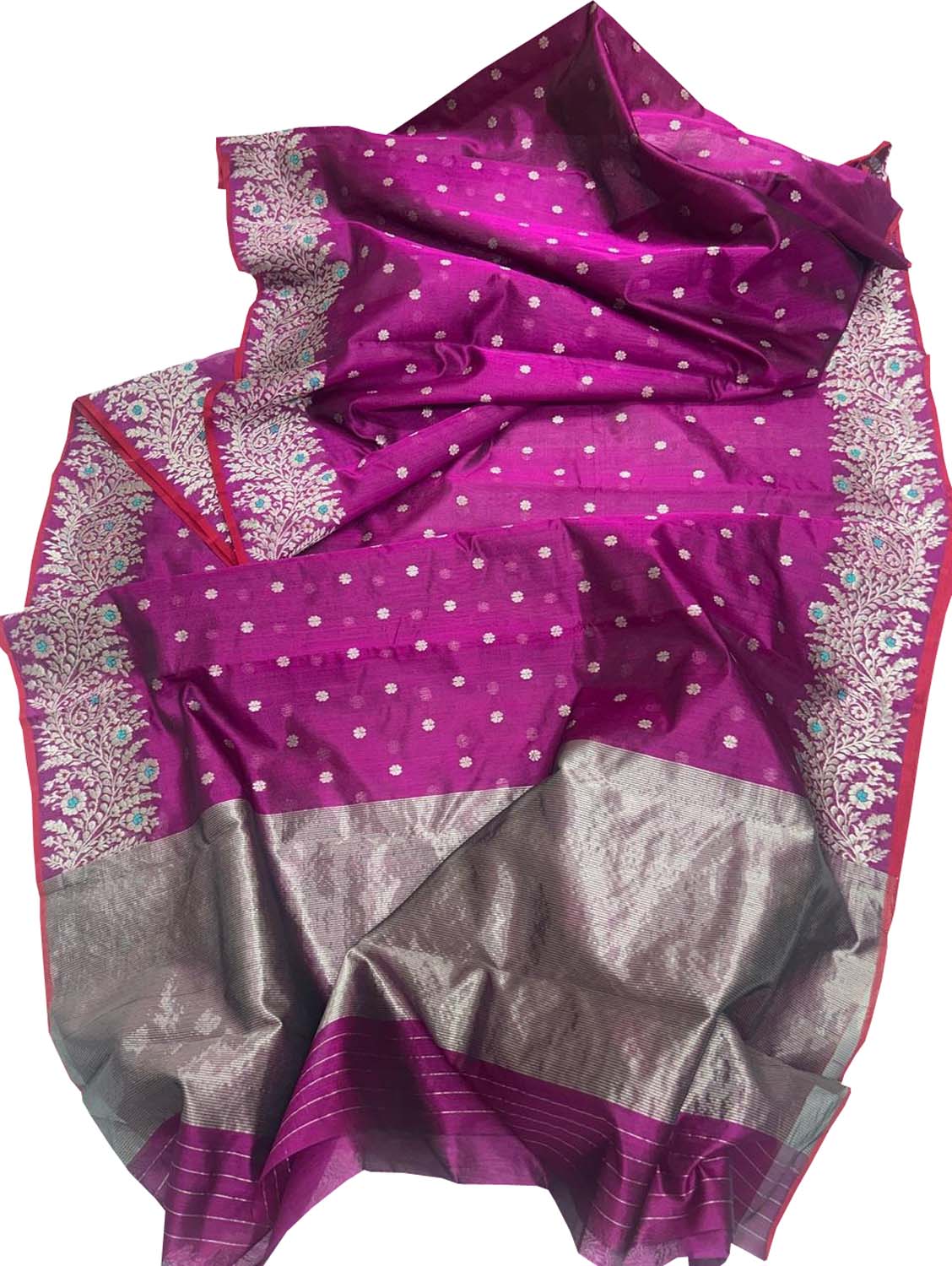 Purple Handloom Pure Pattu Silk Chanderi Small Booti Design Saree - Luxurion World