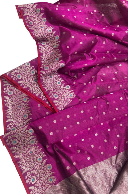 Purple Handloom Pure Pattu Silk Chanderi Small Booti Design Saree - Luxurion World