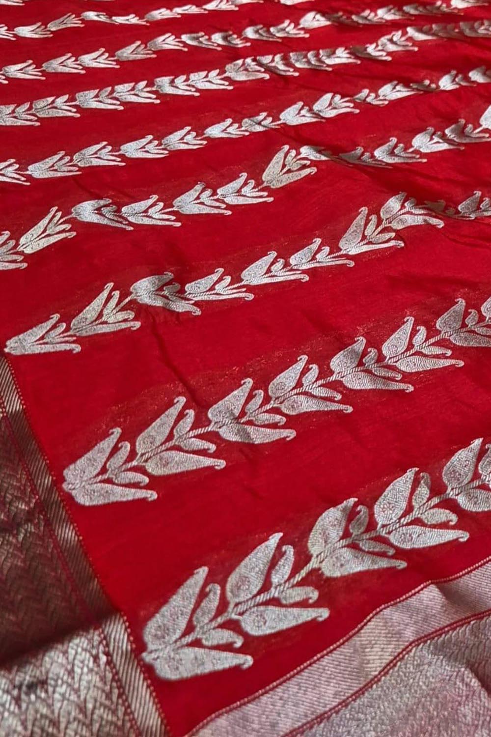Red Handloom Pure Pattu Silk Chanderi Saree - Luxurion World