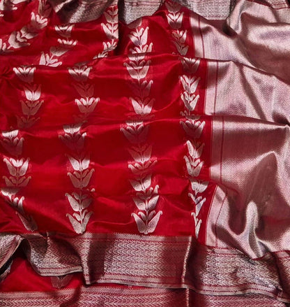 Red Handloom Pure Pattu Silk Chanderi Saree - Luxurion World