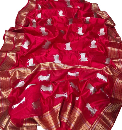 Red Handloom Pure Pattu Silk Chanderi Cow Design Saree - Luxurion World