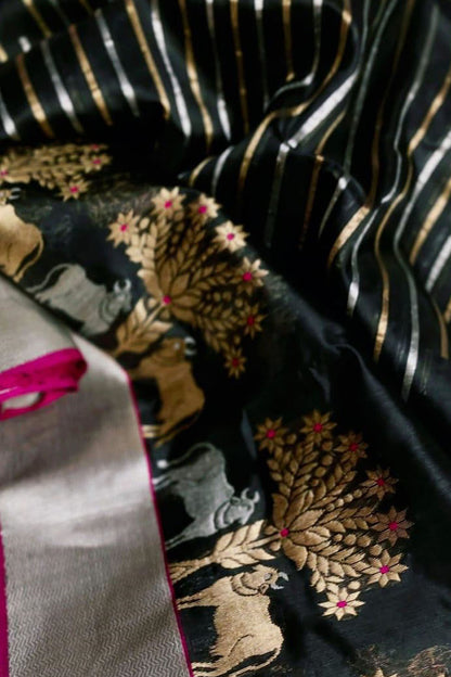 Black Handloom Pure Pattu Silk Chanderi Cow Design Stripe Design Saree - Luxurion World