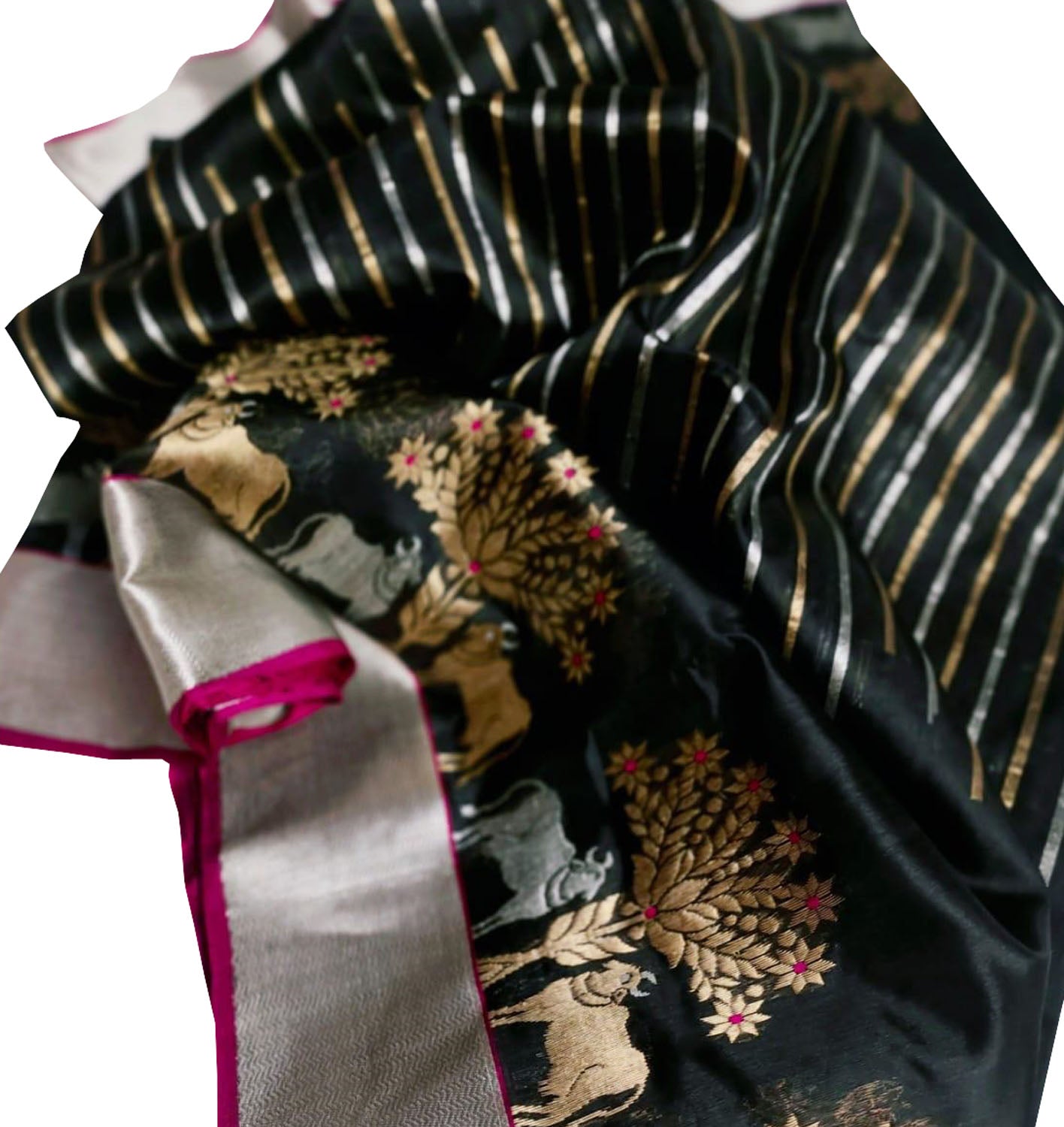 Black Handloom Pure Pattu Silk Chanderi Cow Design Stripe Design Saree - Luxurion World