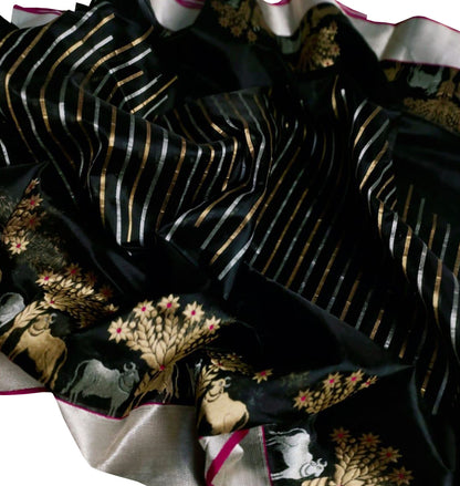 Black Handloom Pure Pattu Silk Chanderi Cow Design Stripe Design Saree - Luxurion World