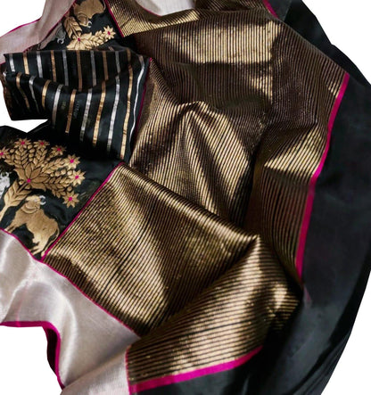 Black Handloom Pure Pattu Silk Chanderi Cow Design Stripe Design Saree - Luxurion World