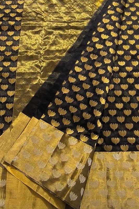 Elegant Black Silk Saree with Flower Design - Luxurion World