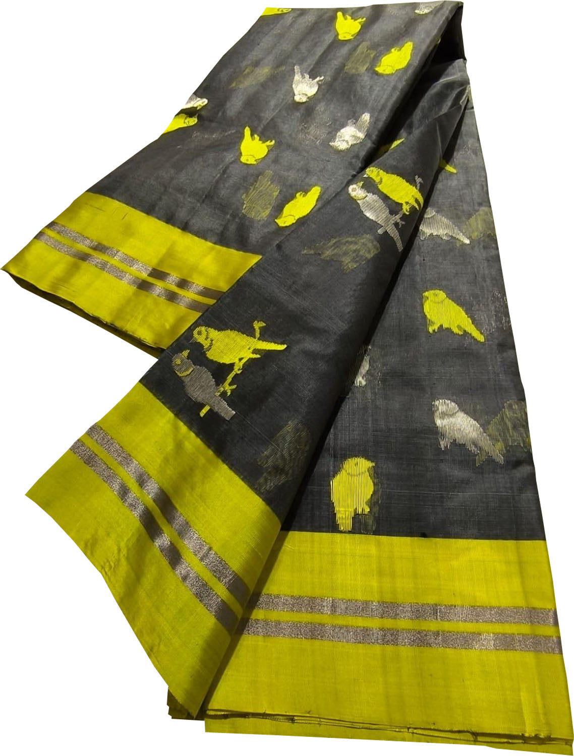 Grey Handloom Chanderi Silk Bird Saree - Luxurion World