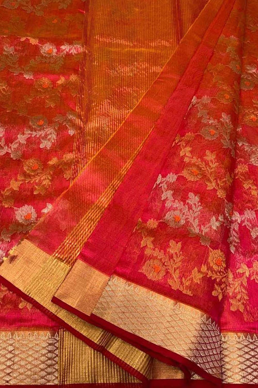 Pink Shot Pure Pattu Silk Chanderi Handloom Flower Design Saree - Luxurion World