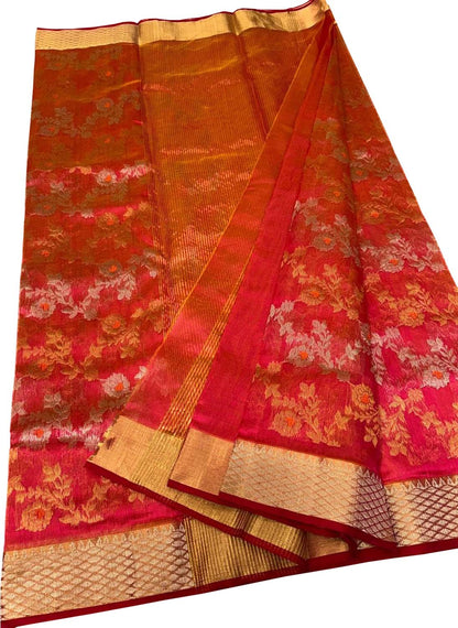 Pink Shot Pure Pattu Silk Chanderi Handloom Flower Design Saree - Luxurion World