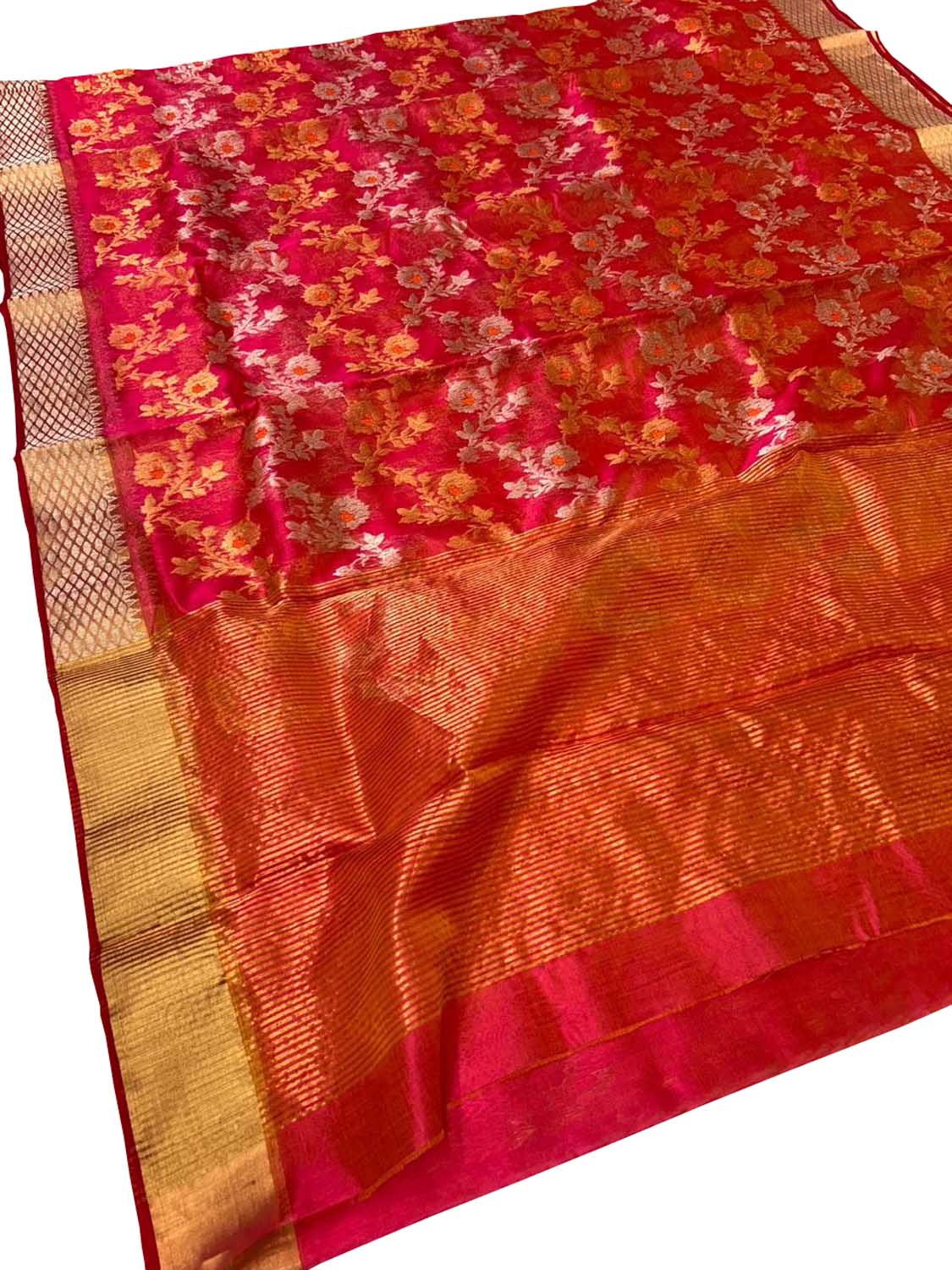 Pink Shot Pure Pattu Silk Chanderi Handloom Flower Design Saree - Luxurion World