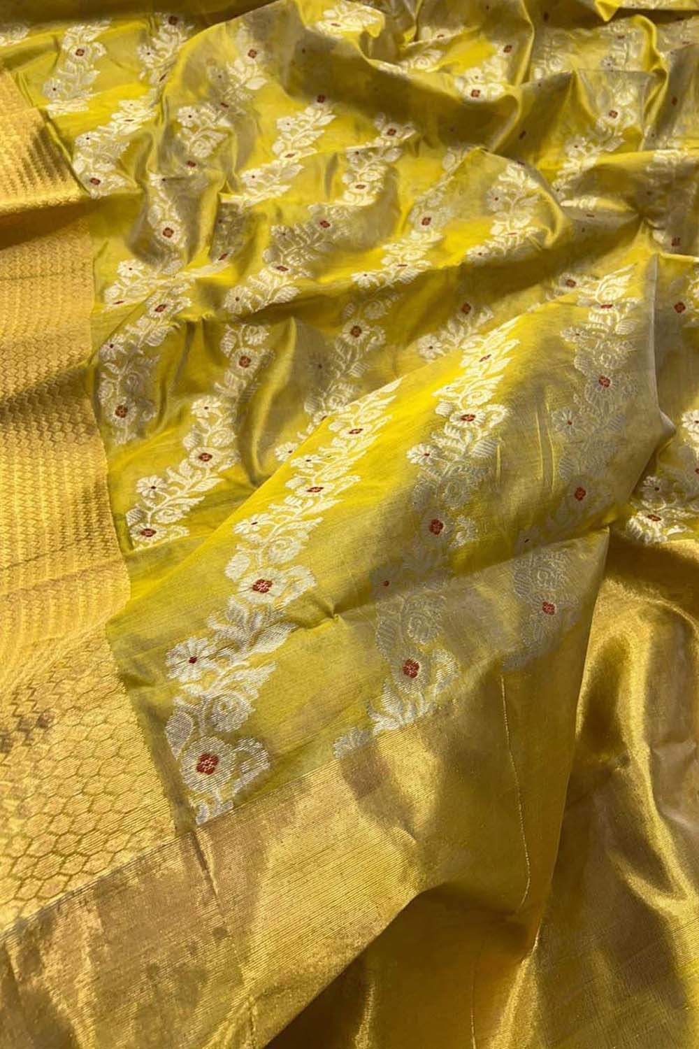 Yellow Pure Pattu Silk Chanderi Handloom Flower Design Meenakari Saree - Luxurion World