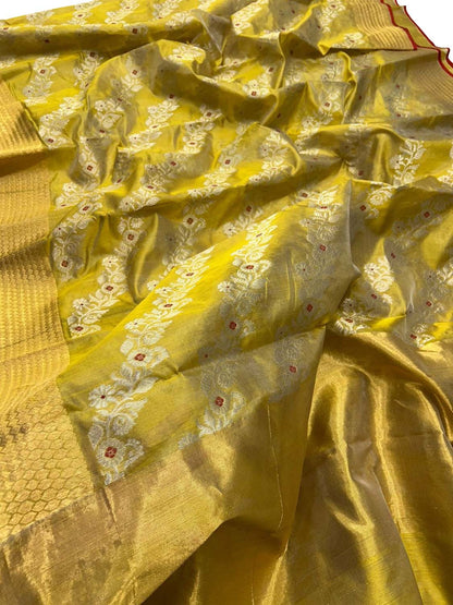 Yellow Pure Pattu Silk Chanderi Handloom Flower Design Meenakari Saree - Luxurion World