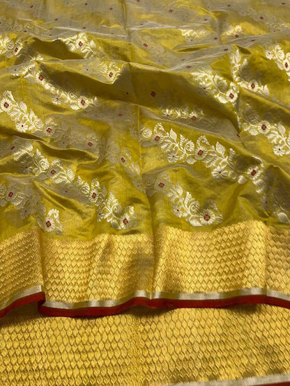 Yellow Pure Pattu Silk Chanderi Handloom Flower Design Meenakari Saree - Luxurion World