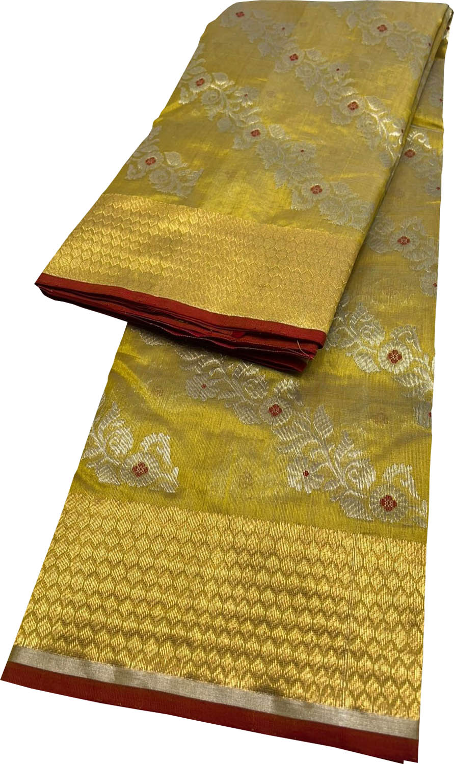 Yellow Pure Pattu Silk Chanderi Handloom Flower Design Meenakari Saree - Luxurion World