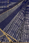 Blue Pure Pattu Silk Chanderi Handloom Stripe Design Saree - Luxurion World