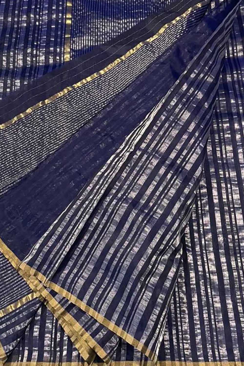 Blue Pure Pattu Silk Chanderi Handloom Stripe Design Saree - Luxurion World