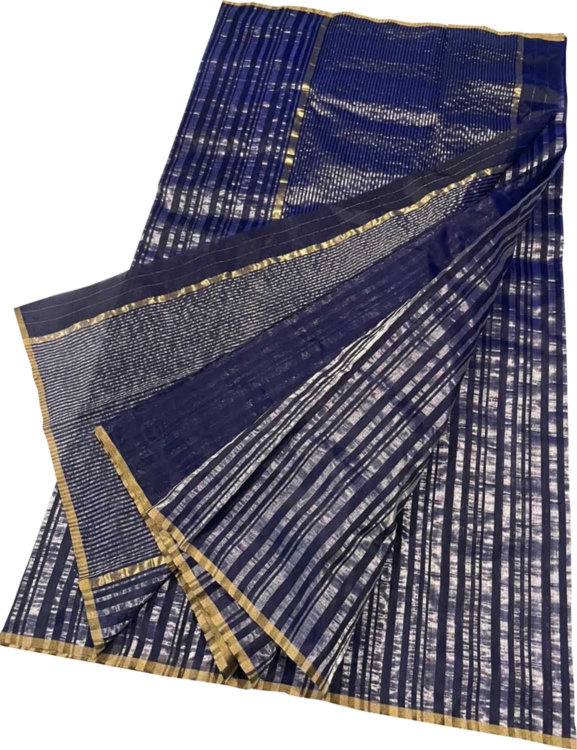 Blue Pure Pattu Silk Chanderi Handloom Stripe Design Saree - Luxurion World