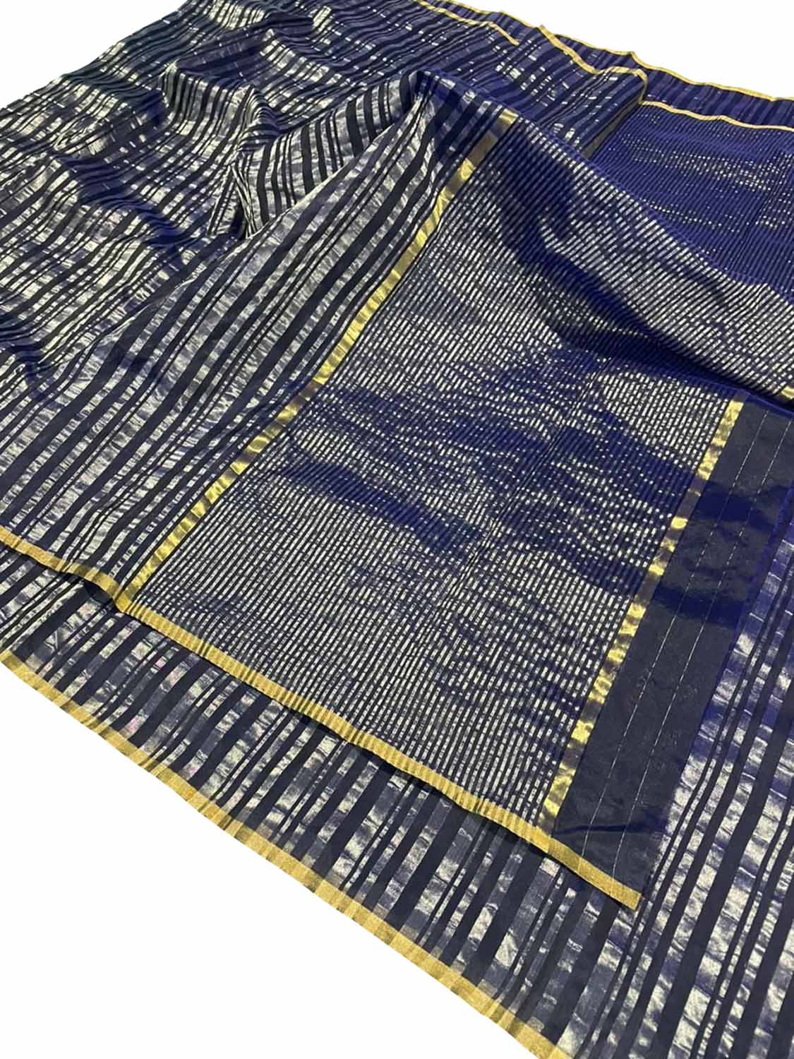 Blue Pure Pattu Silk Chanderi Handloom Stripe Design Saree - Luxurion World