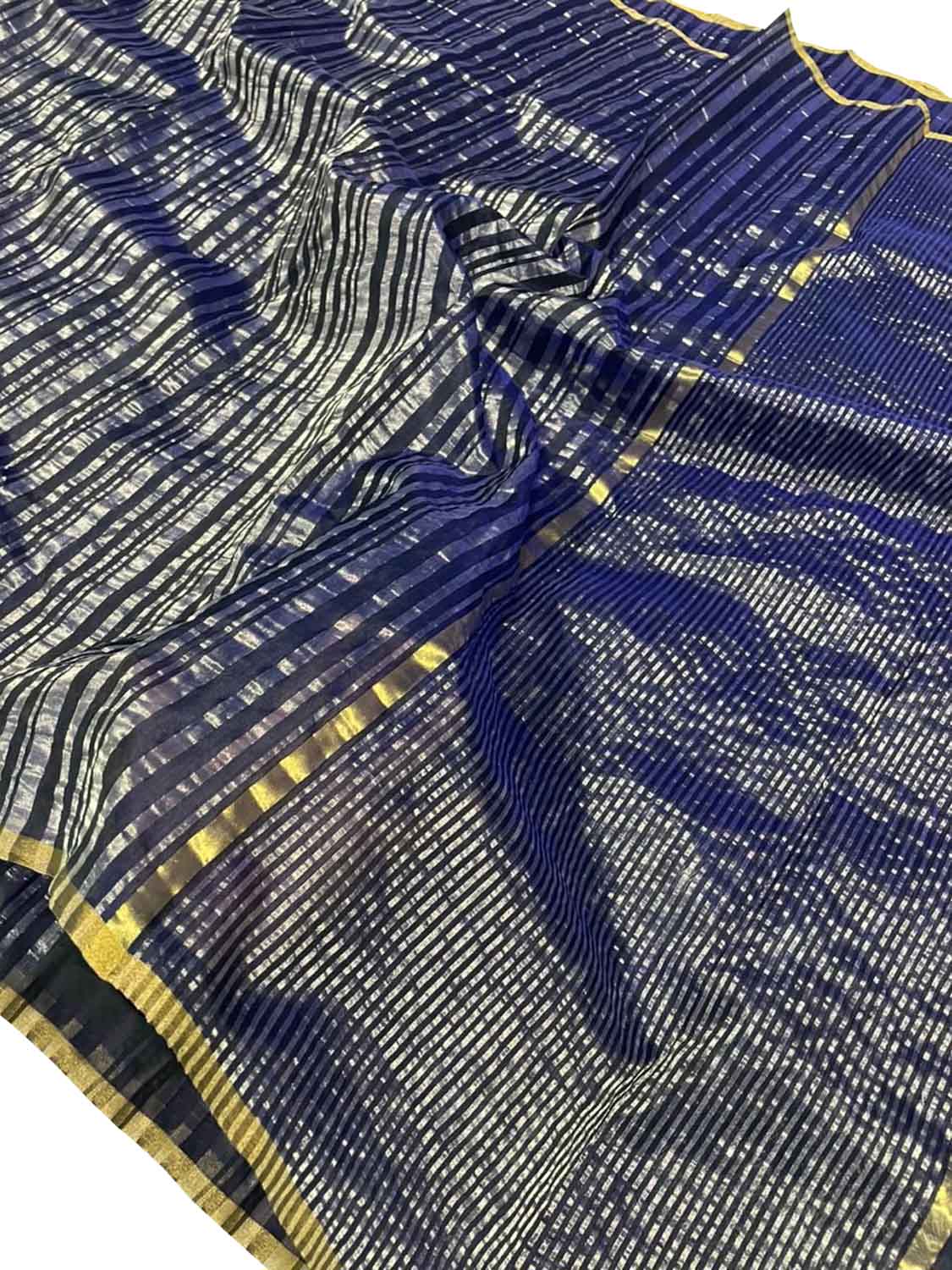 Blue Pure Pattu Silk Chanderi Handloom Stripe Design Saree - Luxurion World