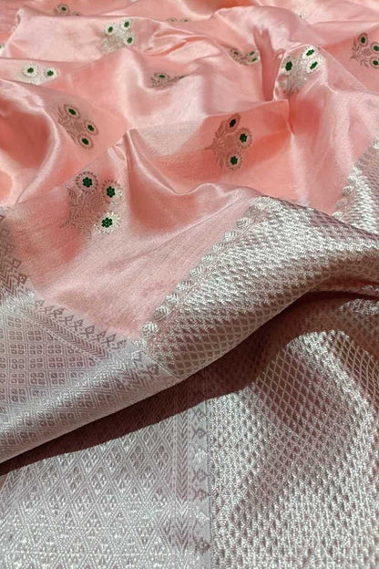 Peach Pure Pattu Silk Chanderi Handloom Flower Design Meenakari Saree - Luxurion World