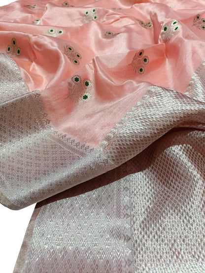 Peach Pure Pattu Silk Chanderi Handloom Flower Design Meenakari Saree - Luxurion World