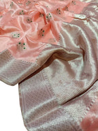 Peach Pure Pattu Silk Chanderi Handloom Flower Design Meenakari Saree - Luxurion World
