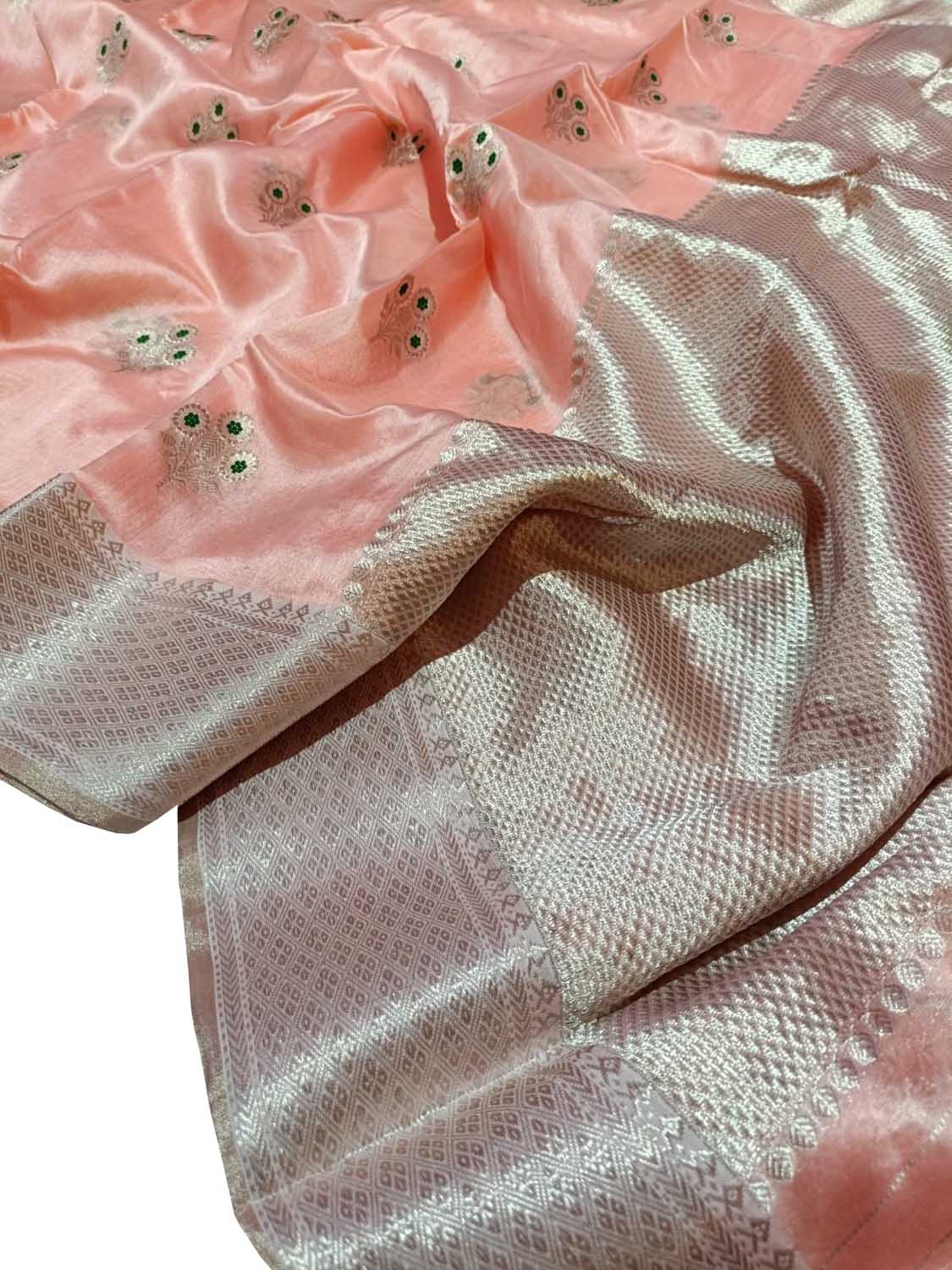 Peach Pure Pattu Silk Chanderi Handloom Flower Design Meenakari Saree - Luxurion World