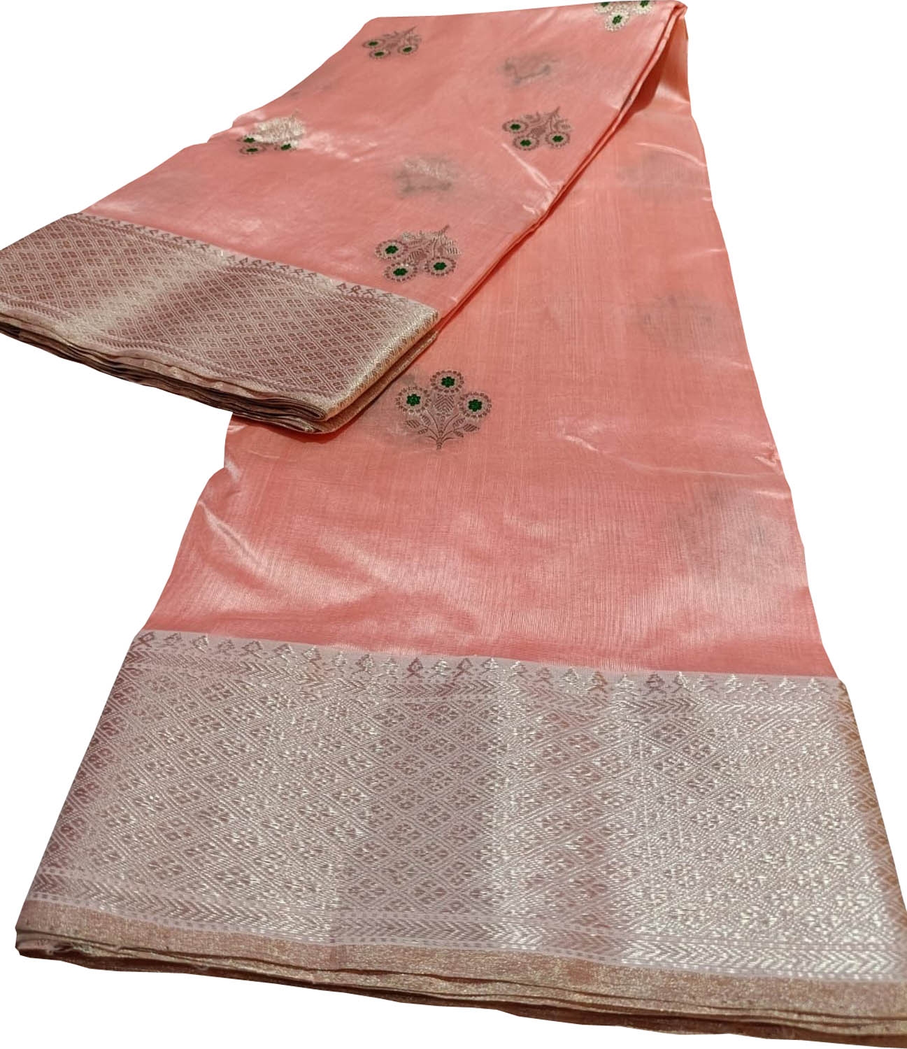 Peach Pure Pattu Silk Chanderi Handloom Flower Design Meenakari Saree - Luxurion World