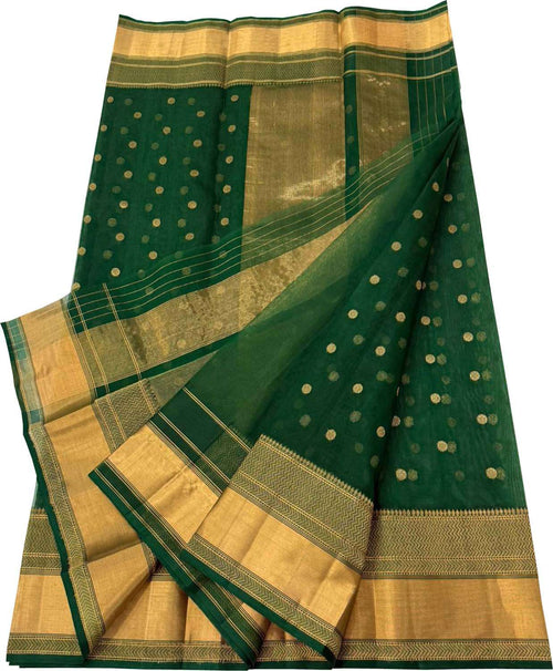 Green Handloom Chanderi Pure Katan Silk Saree - Luxurion World