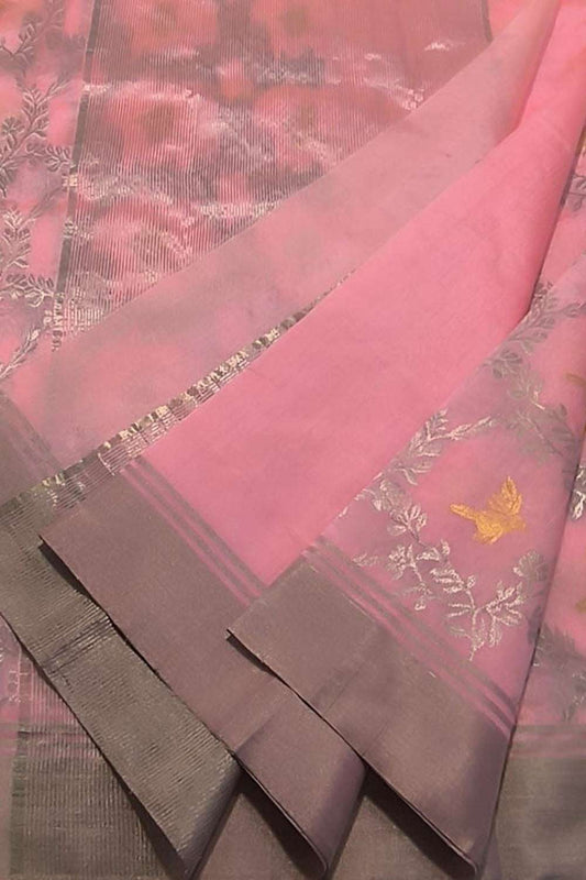Beautiful Pink Handloom Chanderi Pure Katan Silk Saree - Luxurion World
