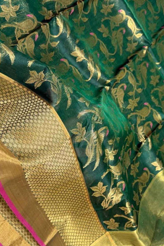 Green Handloom Chanderi Pure Katan Silk Saree - Luxurion World