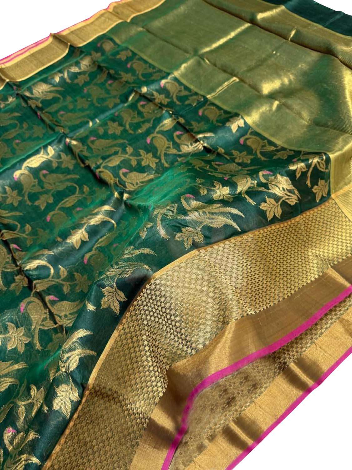 Green Handloom Chanderi Pure Katan Silk Saree - Luxurion World